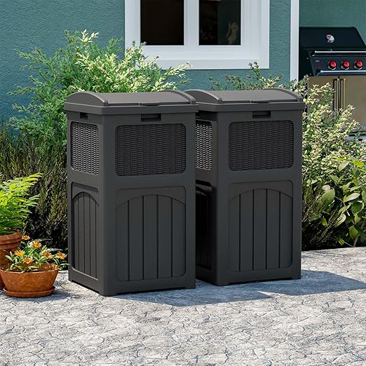 Patiowell 36 Gallon Outdoor Trash Can, Resin Outdoor Garbage Can with Lid for Patio, Backyard, Deck, Black (2 Pack