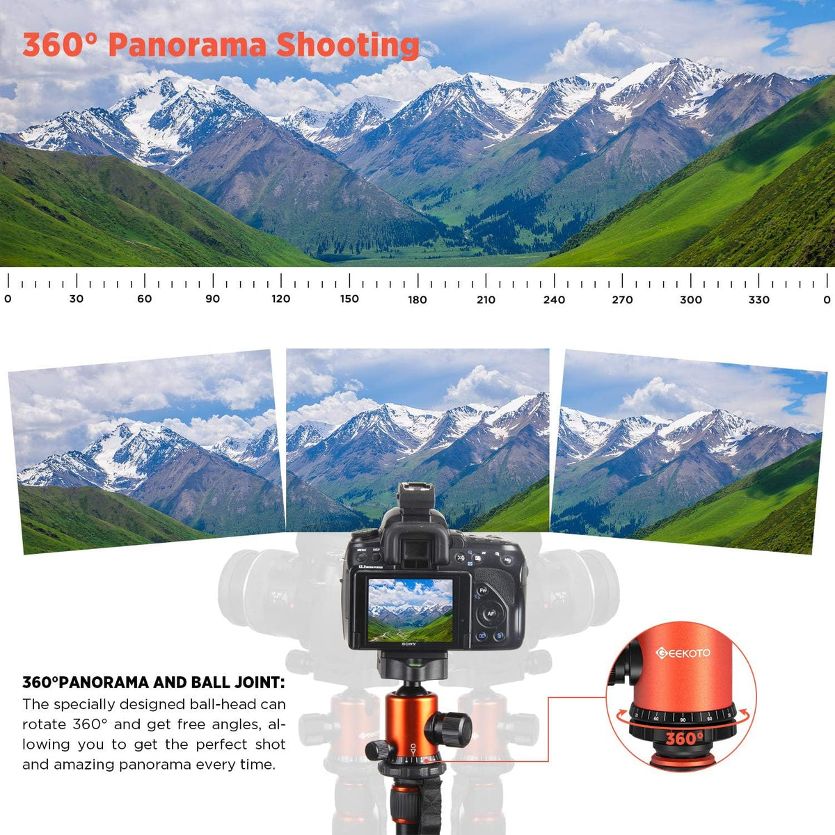 GEEKOTO 77’’ Tripod, Camera Tripod for DSLR, Compact Aluminum Tripod with 360 Degree Ball Head and 8kgs Load for Travel and Work