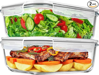 2 Pack 78 Oz / 9.8 Cups Large Glass Food Storage Containers with Lids, Meal Prep Containers for Baking, Serving, Glass Storage Container, BPA Free, Leakproof, Freezer, Microwave/Oven Safe