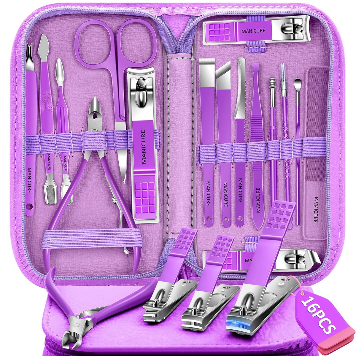 Manicure Set 16Pcs Professional Stainless Steel Pedicure Kit Mens Grooming Kit Fingernail & Toenail Clippers Set Manicure Kit with Luxurious Travel Bag, Sharp Nail Scissors and Clipper (Purple)