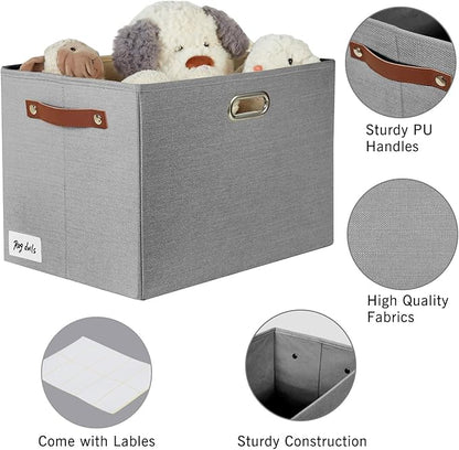 3-Pack Foldable Fabric Storage Bins with Durable PU & Metal Handles, Collapsible Storage Baskets for Shelves, Home Storage, Closet Organizers, Living Room(17"x11.8"x11.8", Grey)