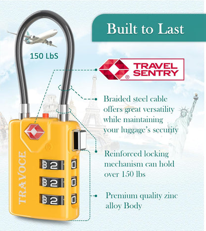 Search Alert TSA Approved Travel Combination Luggage Cable Locks for Suitcase, Gym Locker,Toolbox,Backpack 1,2,4,6 &10 pk (Three Colors)