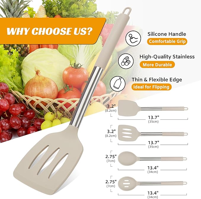 Kitchen Utensils Set of 4 Pack,Silicone Kitchen Utensils Set for Nonstick Cookware,Perfect for Baking and Mixing,Spatula Set BPA Free,Dishwasher Safe,Khaki
