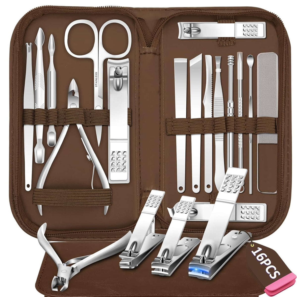 Manicure Set 16 In 1 Professional Stainless Steel Pedicure Kit Toenail Clippers Set Mens Grooming Kit Fingernail Kit for Women with Luxurious Travel Bag, Suitable for Home, Travel, and Salon (Brown)
