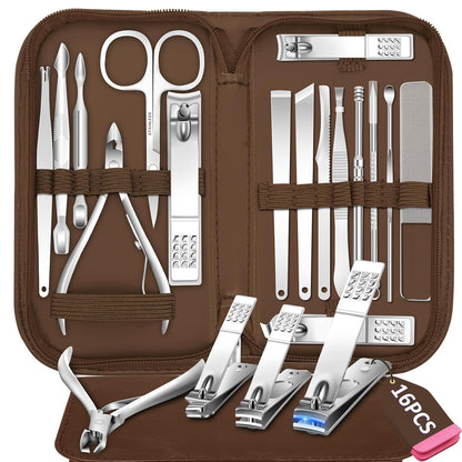 Manicure Set 16 In 1 Professional Stainless Steel Pedicure Kit Toenail Clippers Set Mens Grooming Kit Fingernail Kit for Women with Luxurious Travel Bag, Suitable for Home, Travel, and Salon (Brown)