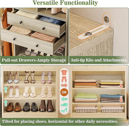 Closet System, Up to 134"/11.2 FT Closet Organizer with 4 Wooden Drawers and Shelves, Walk-in Closet System with 6 Hanging Rods, Built-in Closet Can Fit 96"/8FT, 120"/10FT, Greige Oak