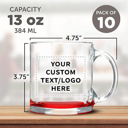 Custom Libbey Clear Glass Coffee Mugs 13 oz. Set of 10, Personalized Bulk Pack - Perfect for Coffee, Tea, Espresso, Hot Cocoa, Other Beverages - Red Bottom
