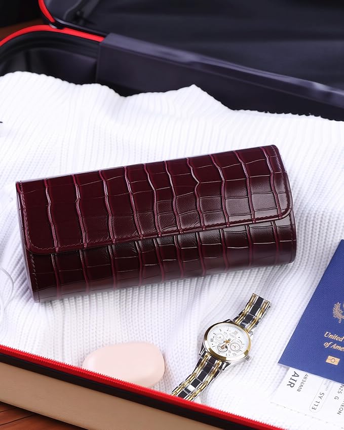 MR.OKAY 3 Watch Travel Case-Classic Leather Watch Case With Superb Texture. (Portable Watch Roll Or Organizer For Storage And Display).Festival Gift For Men, All Handcrafted By Artisans.