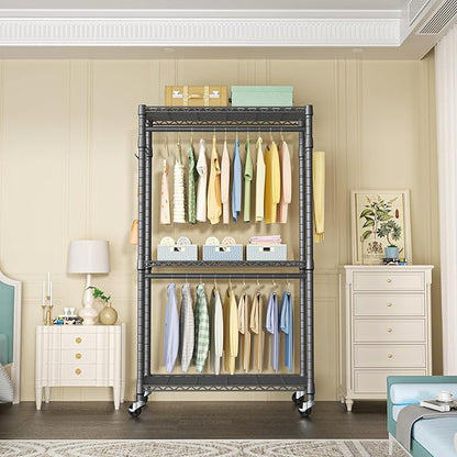 FUTASSI P1 Heavy Duty Garment Rack, 3 Tiers Adjustable Rolling Metal Closet Organizer with Lockable Wheels, FreeStanding Wardrobe with Double Hanger Rods & 1 Pair Hooks, Max Load 450 LBS, Gray