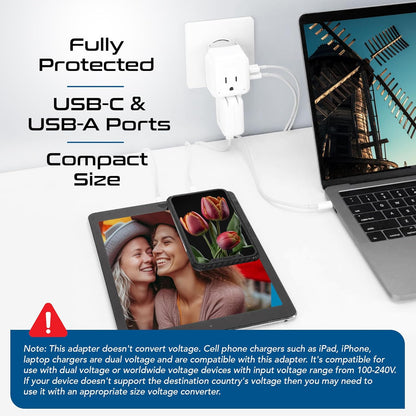 Ceptics Thailand Travel Adapter Set, PAK KIT 20W PD & QC, Type O - 3.1A - 4 in 1-2 USA Inputs, 1 USB Port, 1 USB-C Port - Compact, Powerful - Includes Type O Swadapt Attachments
