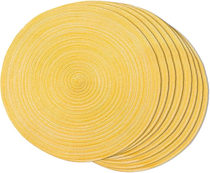 FunWheat Round Braided Placemats Set of 8 Place mats for Dining Tables Woven Heat Resistant Table Mats 15 inch(E Yellow, 8pcs)
