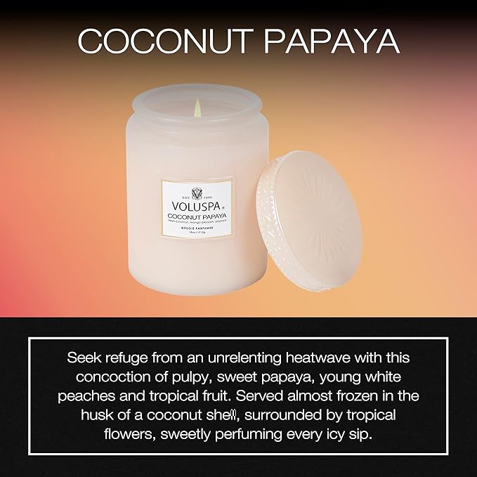 Voluspa Coconut Papaya, Large Candle Jar, 18 oz, 100 Hour Burn Time, Coconut Wax for Clean Burning, Handcrafted in The USA