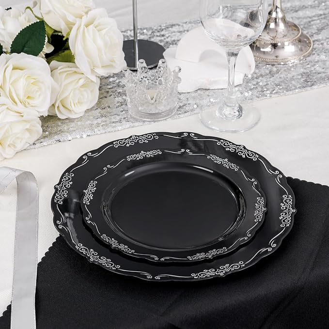 DaYammi 60PCS Black and Silver Plastic Plates, Heavy Duty Black and Silver