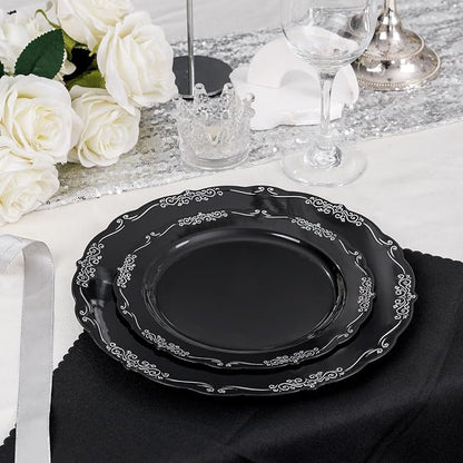 DaYammi 60PCS Black and Silver Plastic Plates, Heavy Duty Black and Silver