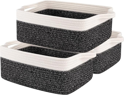 OIAHOMY 3 Pack Storage Baskets for Organizing, Woven Cotton Rope Basket for Shelves, Closet Organizer Bins with Handles, Rectangle Toy Organization, 13.78''×9.84''×5.5'', Black & White