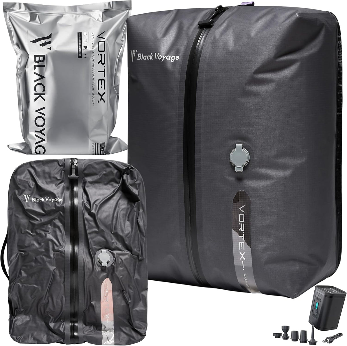 Black Voyage Reusable Vacuum Compression Travel Bag for Carry-On Suitcase and Backpack, Recycled IP67 Waterproof Space Saver Vacpack (1-Pack, 18L - Pump Included)