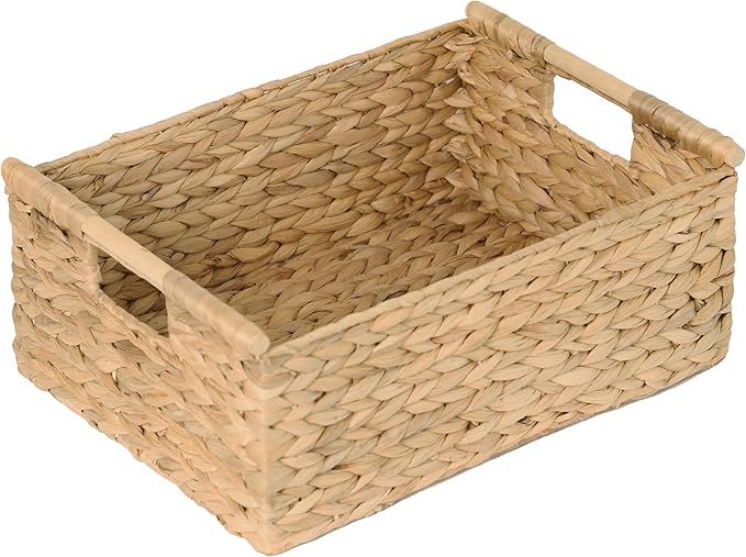 VATIMA Extra Large Wicker Basket Rectangular with Wooden Handles for Shelves, Water Hyacinth Basket Storage, Natural Baskets for Organizing, Wicker Baskets for Storage 16.7"x12.4"x7"