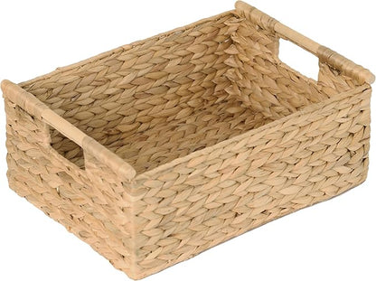VATIMA Extra Large Wicker Basket Rectangular with Wooden Handles for Shelves, Water Hyacinth Basket Storage, Natural Baskets for Organizing, Wicker Baskets for Storage 16.7"x12.4"x7"
