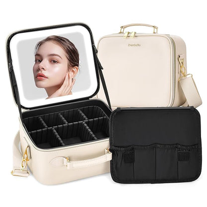 Travel Makeup Bag with Mirror and Light, Cosmetic Artist Organizer Case with LED Mirror, Travel Makeup Case for Cosmetic Brush Holder Storage, Toiletry Case for Women Gift