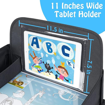 MENZOKE Kids Travel Tray, Travel Tray for Kids Car Seat with Educational Drawing Board, Tablet Holder & Cooler Cup Holder, Portable Road Trip Essentials Child's Gifts for Car Trip, Airplane, Black