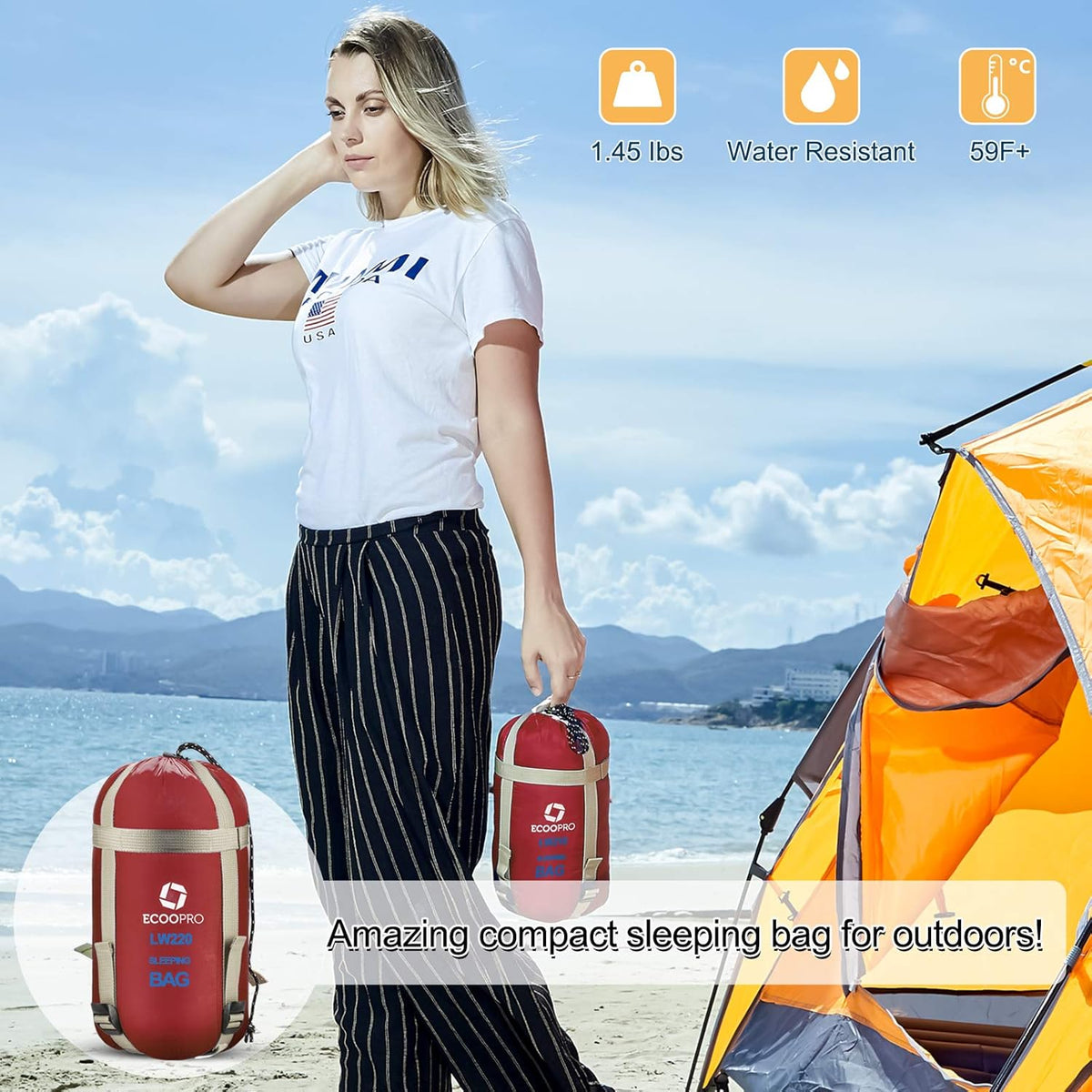 ECOOPRO Warm Weather Sleeping Bag - Portable, Waterproof, Compact Lightweight, Comfort with Compression Sack - Great for Outdoor Camping, Backpacking & Hiking-83 L x 30" W Fits Adults