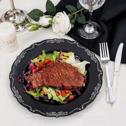 DaYammi 60PCS Black and Silver Plastic Plates, Heavy Duty Black and Silver