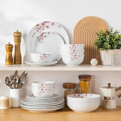 VEWEET Dinnerware Sets for 6, 24 Pieces Porcelain Plates and Bowls Set with Pink Floral, Classic Dishes Set Dining Ware for Dinner, Microwave Dishwasher Safe, Series ANNIE