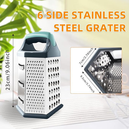Cheese Grater, Box Graters for Kitchen, 6 Sides Stainless Steel Food Shredders for Cheese Vegetables Potatoes Carrot