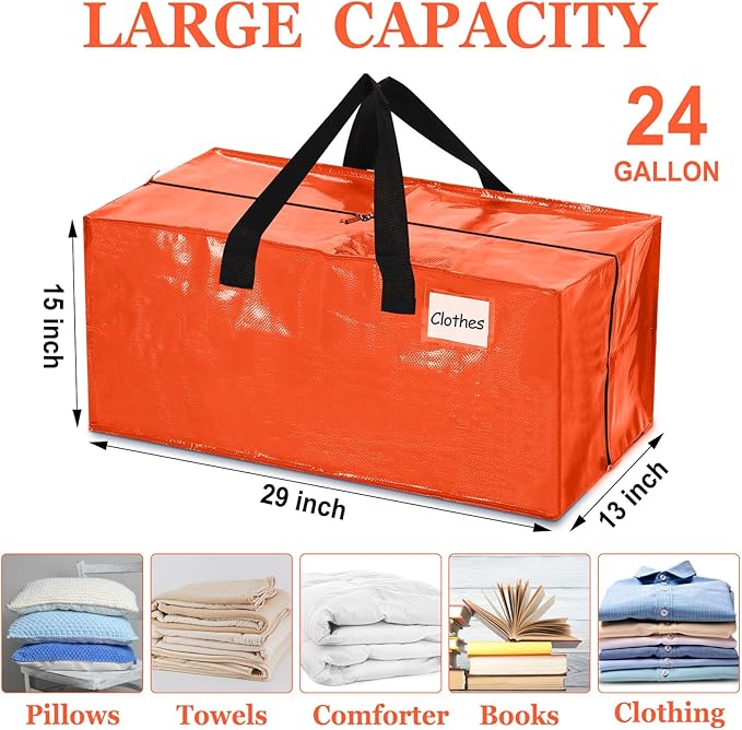 4 Pcs 24 Gallon Large Moving Bags with Zipper and Handles Foldable Storage Duffle Bags Heavy Duty Extra Large Totes for College Dorm Travel Clothes Blankets Bedding Moving (Orange)