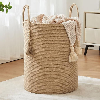 Jute Woven Rope Laundry Hamper, Tall Laundry Basket for Blanket Storage, Large Dirty Clothes Hamper for Toys, Decorative Baby Nursery Hamper for Bedroom, Living Room - Jute Brown, 58L