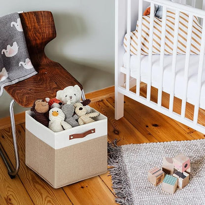 HNZIGE Fabric Baskets for Organizing 13x13 Storage Cubes, Set of 4 Fabric Foldable Canvas Storage Bins for Shelves, Cloth Storage Bins for Cube Organizers Toy Nursery Closet Bedroom?Beige&White?
