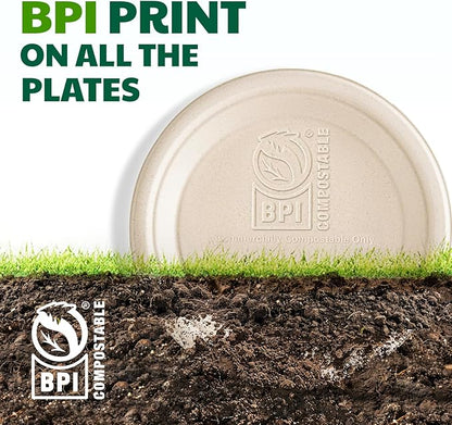 100% Compostable Paper Plates, 9 Inch, 125 Count, Biodegradable Bagasse Plates, Heavy Duty Disposable Plates Bulk for Party | Microwave-Safe | Soak-Resistant, Cut Resistant
