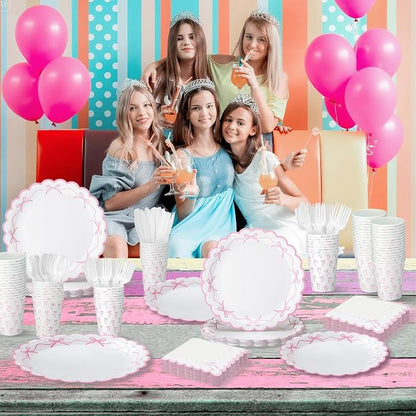 Sieral 144 Pcs Coquette Birthday Party Decor, Scalloped Paper Plates, Napkins