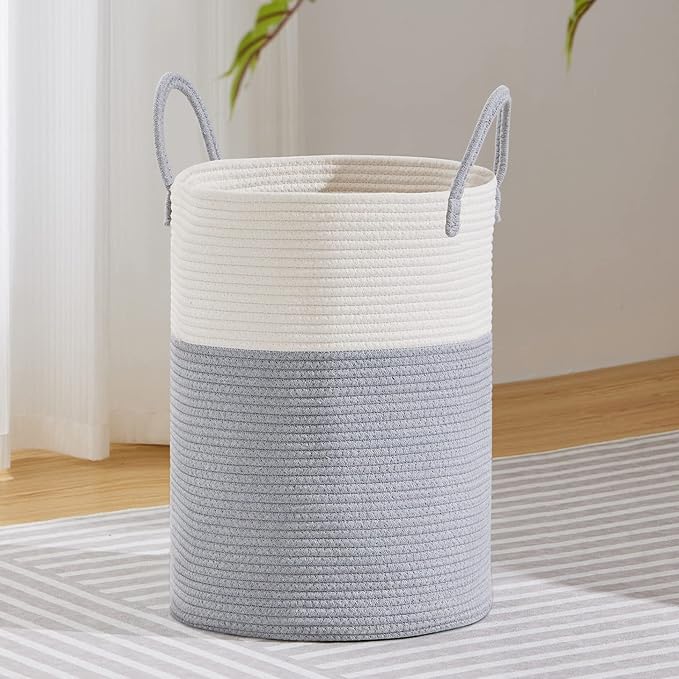 VIPOSCO Large Laundry Hamper, Tall Woven Rope Storage Basket for Blanket, Toys, Dirty Clothes in Living Room, Bathroom, Bedroom - 58L Grey & White