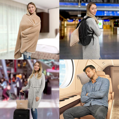 BlueHills Premium Soft Tall Travel Blanket Pillow for Airplane Traveling Essentials Long Flight Trip Throw in Bag case with Backpack Clip Compact Large Plane Accessories Beige T053