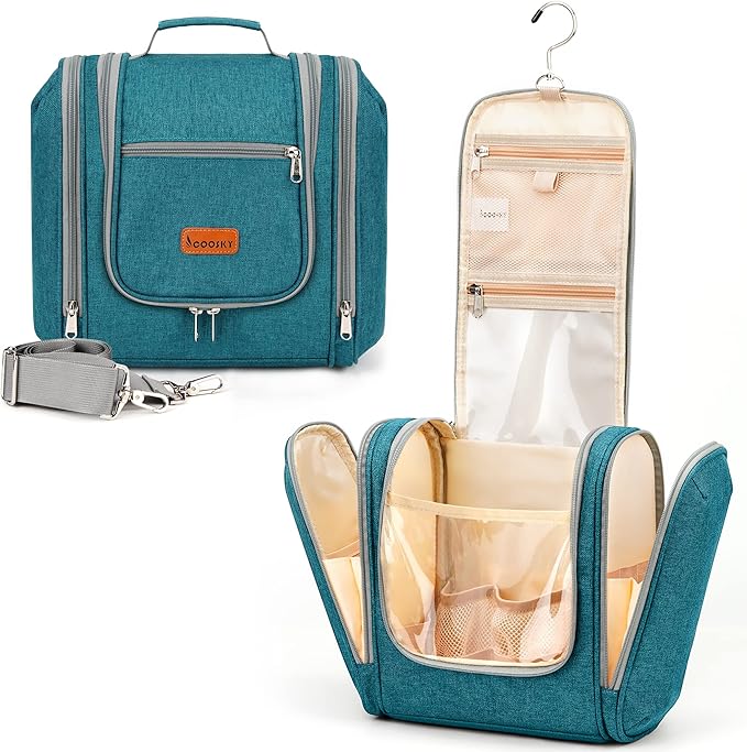 Hanging Travel Toiletry Bag for Women and Men, 6 Organizer Compartments, Extra Large Toiletries Bag, Bathroom Cosmetic Bag, Water-resistant Makeup Bag, Holds Full-Size Shampoo, Blue