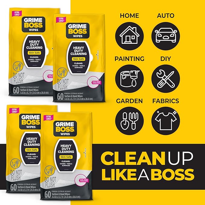 Grime Boss Heavy Duty Surface and Hand Wipes (4x60ct) | Wet Wipes Remove Paint, Oil, Grease, Adhesives, Mud, Dirt | Shop Wipes Replace Cleaners like Rags, Towels, Pumice, Soap