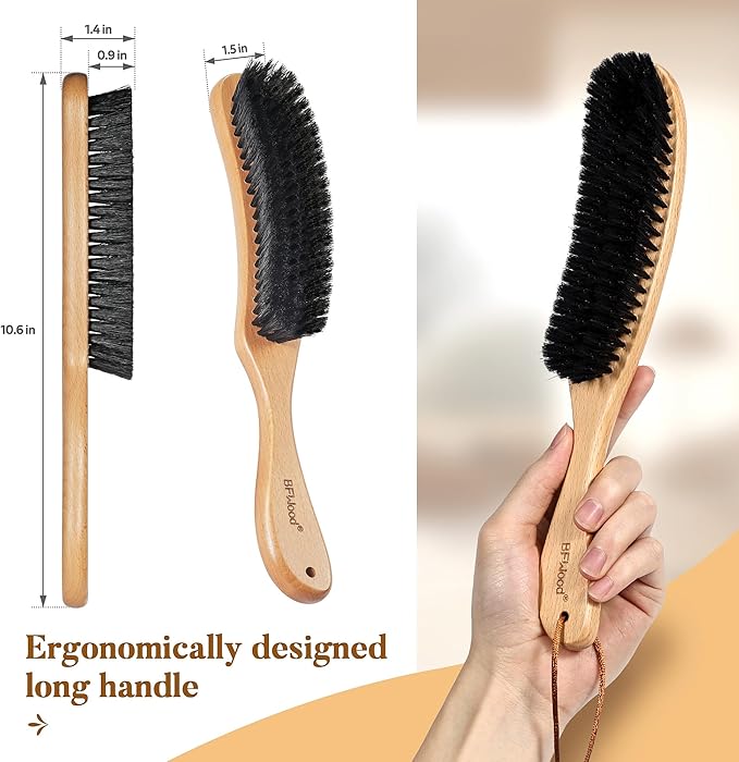 BFWood Clothes Brush - Boar Bristle Hat Brush Lint Brush for Suits, Cashmere, Wool, Velvet, Suede and Pet Hair - Large Beech Handle