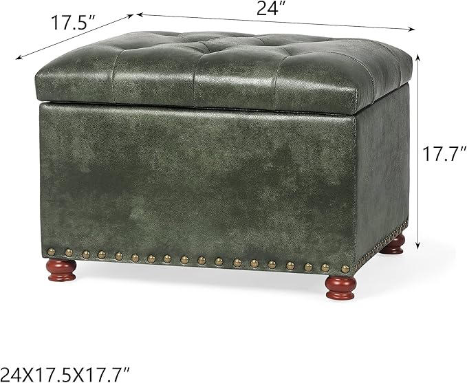 24'' Leather Ottoman with Storage Rectangle Foot Rest Ottomans Stool for Living Room(Green,Leather Texture)