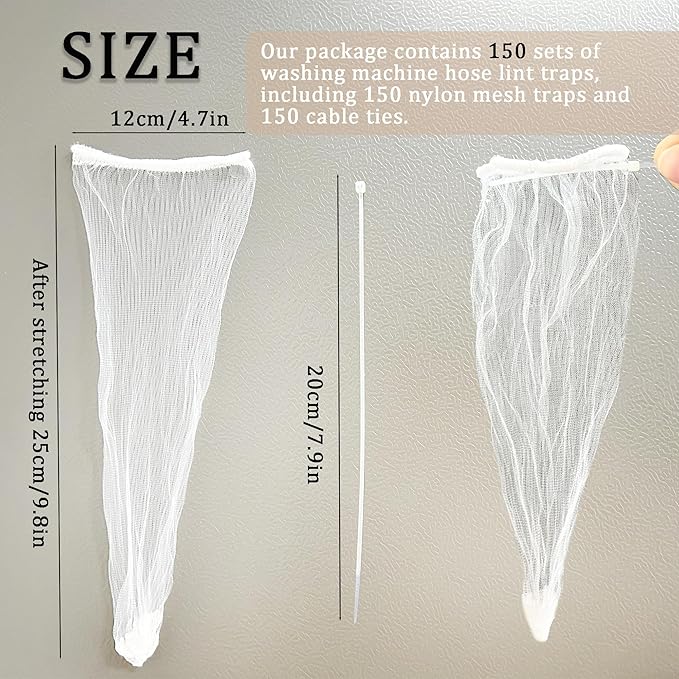 150 Pack Lint Traps for Washing Machine Hose - Washer Hose Lint Catcher Laundry Hair Catcher Includes 150 Nylon Mesh Lint Traps and 150 Cable Ties Fits Most Washing Machine (Disposable)