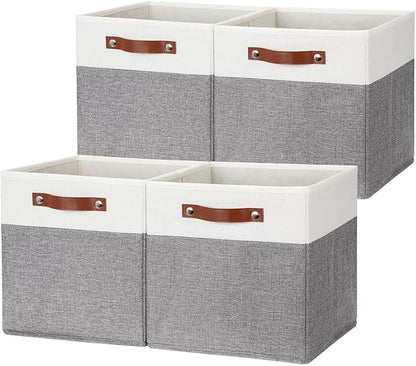HNZIGE Fabric Storage Cubes 12x12 Cube Storage Bins, Set of 4, Decorative Cube Organizers Bins for Shelves with Handles,Foldable Bins for Cube Organizer Home Toy Nursery Closet(White Gray)