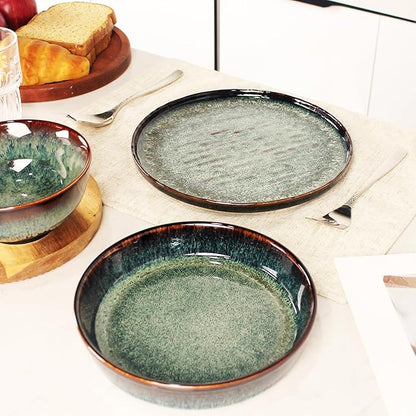 Dinner Set 12 Pieces - Round Reactive Glaze Tableware - Kitchen Dinnerware Porcelain Crockery with Dinner Plate, Bowl and Soup Plate Service for 4, Microwave Dishwasher Safe, Set (No.4)
