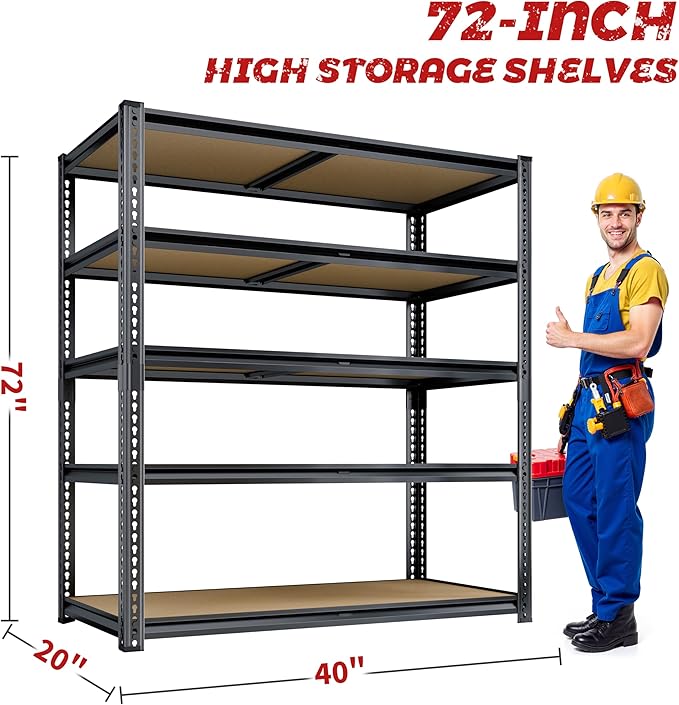 72"H Storage Shelves heavy duty, 2200LBS Garage Shelving, 5 Tier Metal Shelving Unit Adjustable Garage Shelves Utility Rack Shelf for Storage Warehouse Pantry Closet,40" W × 20" D × 72" H, Black, 2PCS