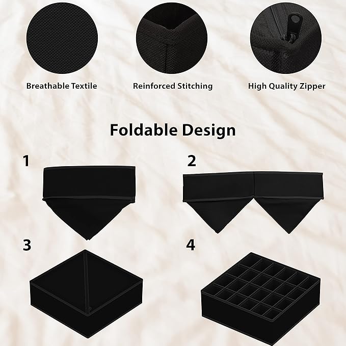 Simple Houseware 4-Pack Drawer Organizer Set - Closet Dividers for Underwear, Socks, Bras, Scarves, Ties - Foldable Non-Woven Storage Boxes, Black