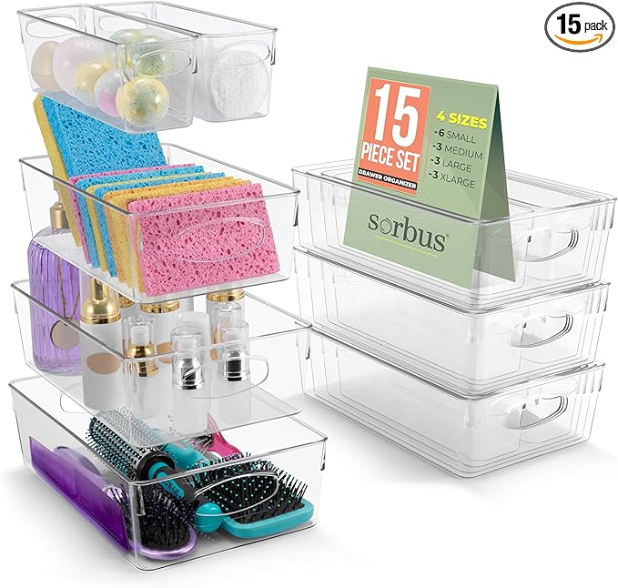 Sorbus Clear Plastic Storage Bins for Organizing, 15 Pack Clear Organizer Bins with Handles, Plastic Storage Bins for Closet, Pantry, Fridge, Medicine Cabinet Organizer, Shelves, Freezer, Drawer