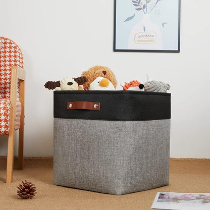 DULLEMELO Storage Bins for Organizing,Closet Storage Baskets for Gift Empty,Large Linen Canvas Storage Bins with Handles for Home Office Toys Shelves(Black&Grey, 13 inch Cube)