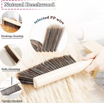 Hand Broom Beech Wood Brush,Dust Brush,Duster for Counter,12inch Foxtail Bench Brush, Round Handle Handheld Brushes,5 Rows Soft Bristles for Bed,Shop Table,Woodworking Cleaning,Car,Sofa,Furniture