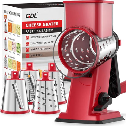 GDL Rotary Cheese Grater Hand Crank - Upgraded Cheese Shredder with 4 Interchangeable Blades, Rotary Grater with Non-slip Suction Base, Easy to Clean Kitchen Grater Slicer Grinder for Vegetable Nuts