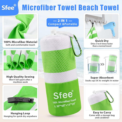 Sfee 2 in 1 Microfiber Beach Towel, Quick Dry Towel Camping Towel Travel Towel Super Absorbent Compact Lightweight Sports Gym Towels Set for Beach, Gym, Hiking, Pool, Backpacking, Bath, Yoga
