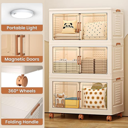 568QT/141Gal 3 Layer Stackable Storage Bins with Lid & Doors - Sensor Lights, Collapsible Storage Bin with 6 Wheels, Plastic Foldable Organizer for Home, Office Use
